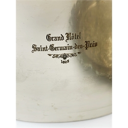 A twin handled twin bottle wine cooler, marked to front and back Grand Hotel Saint Germain-des-Pres 1925, excluding handles L32cm, together with a silver plated salver, D31.5cm. 