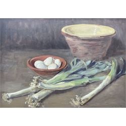 Neil Tyler (British 1945-): Still Life 'Leeks and Eggs', oil on canvas signed and dated '03, 46cm x 64cm
Provenance: exh. Chelsea Art Society, label verso
