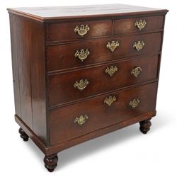 George III oak chest, rectangular crossbanded top, fitted with two short over three long graduating drawers, on turned feet