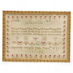 George III needlework sampler, worked with the alphabet, numbers and verse 'From Art and S...