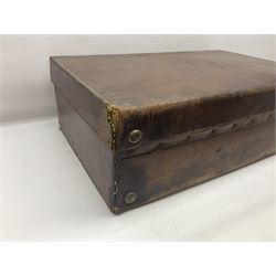 Early 20th century leather bound travelling case, with initials to cover, with fitted interior containing five silver topped glass jars, each engraved with initials, hallmarked The Alexander Clark Manufacturing Co, London 1910 & 1911, case W61cm