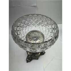 Silver plated centrepiece, with a triform base formed with shell decoration, with molded glass bowl, marked 1746 beneath, H30cm 