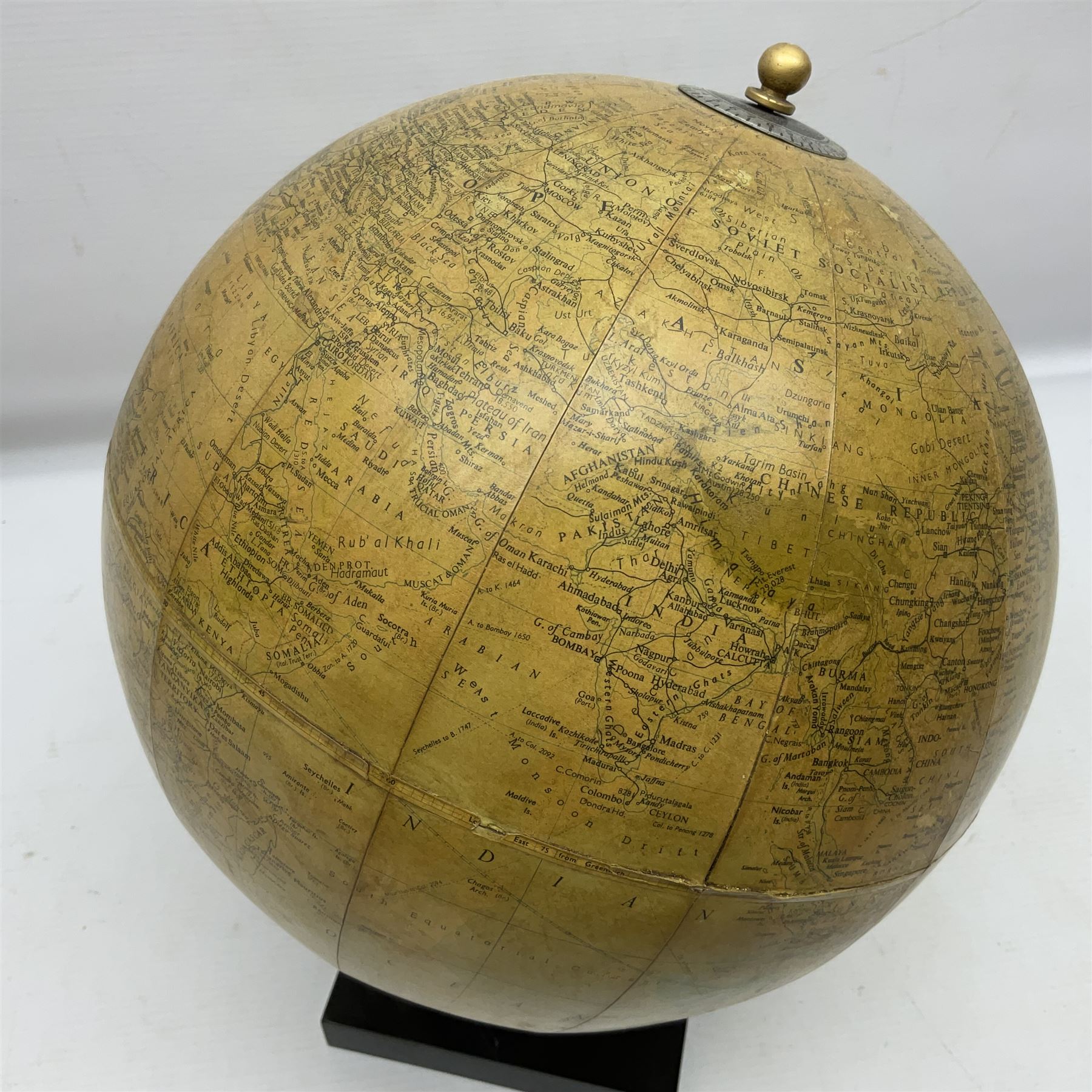 20th century terrestrial globe, raised on stepped square base, H34cm