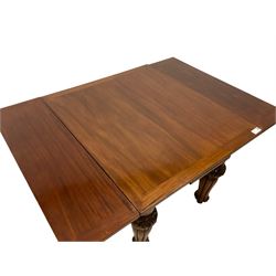 Victorian mahogany draw-leaf extending dining table, rectangular top with two additional leaves, on turned foliage carved and lobe moulded supports