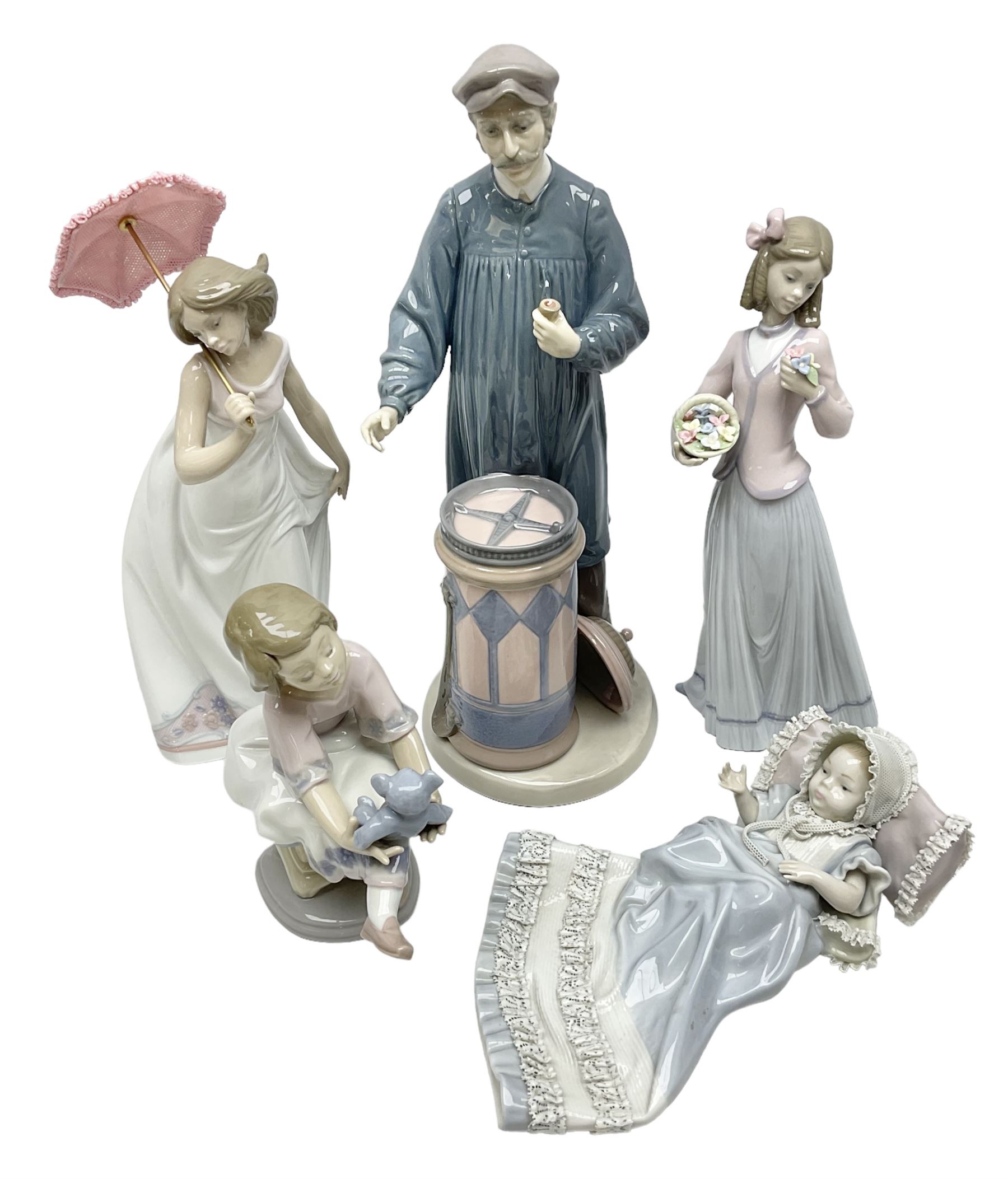 Five Lladro figures, comprising Cookies for Sale no 5191, Christening no 5618, Best Friend no 7620,  Afternoon Promenade no 7636 and Innocence in Bloom no 7644 three with original boxes, largest example H29cm  