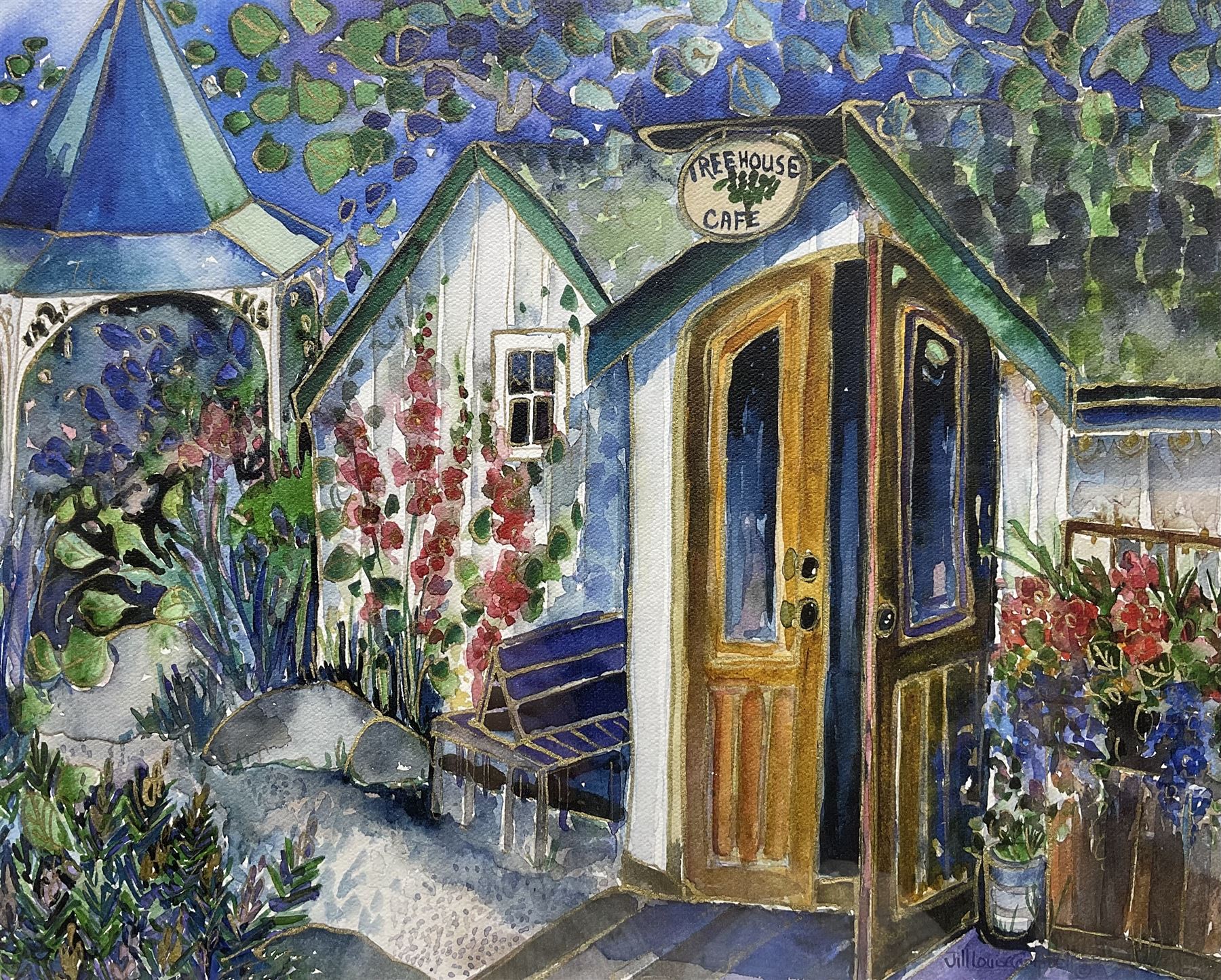 Jill Louise Campbell (Canadian Contemporary): The Treehouse Cafe, oil on canvas board signed 28cm x 34cm