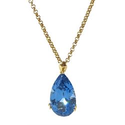 14ct gold pear cut London blue topaz pendant, on 9ct gold link chain necklace, both hallmarked
