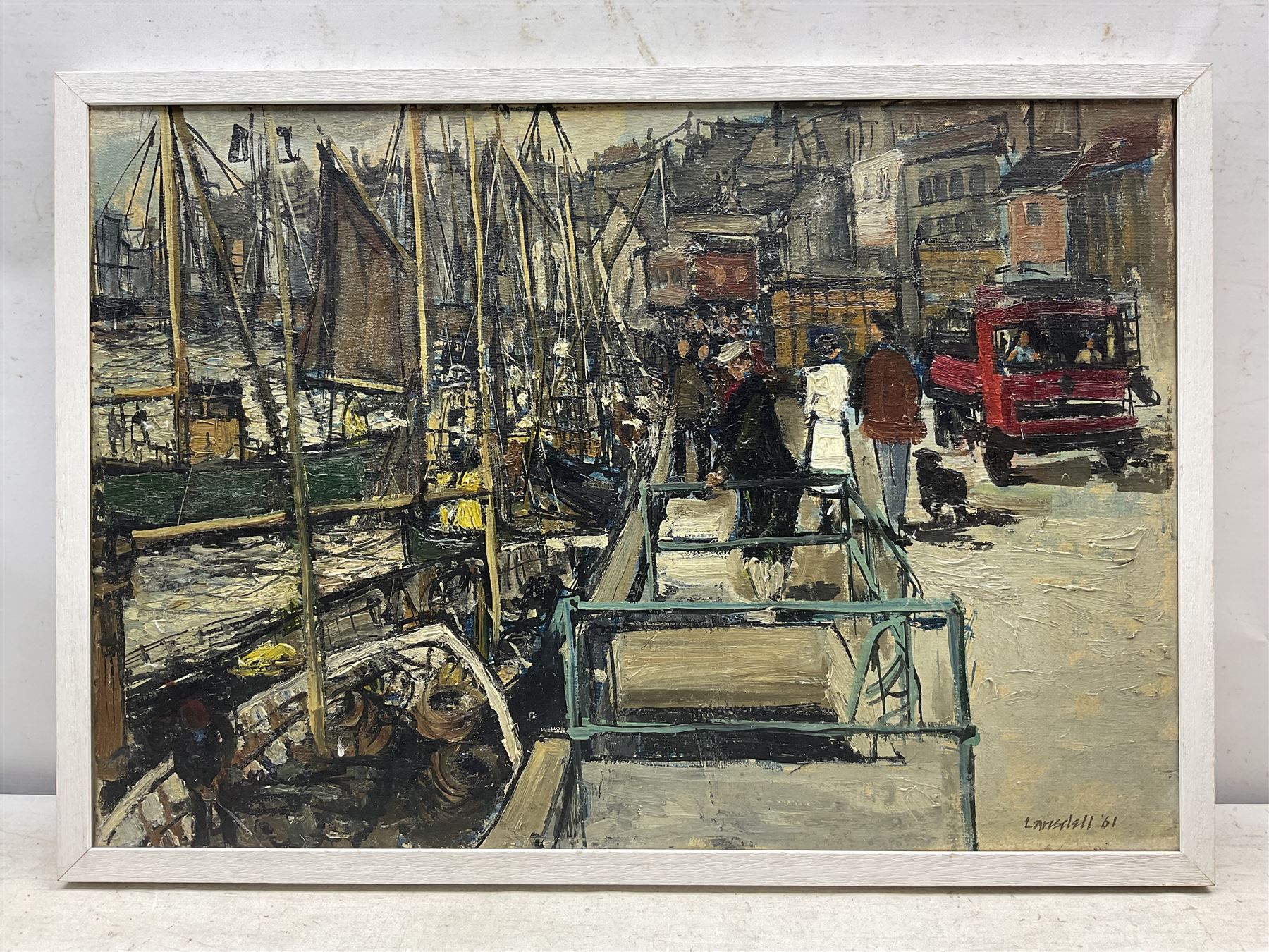 Denis Leonard Lansdell (British 1926-1994): 'Whitby New Quay' - A Busy Day, oil on canvas signed and dated '61, titled and dated verso 45cm x 65cm 
Notes: Denis, who had taught Art and Design in Willesden in London retired to The Old Forge at Nether Compton, just outside Sherborne Dorset in 1989