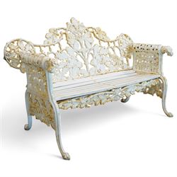 Coalbrookdale design - early 20th century cast iron oak leaf and acorn bench, white painte...