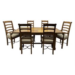 Barker & Stonehouse 'Flagstone' range mango wood dining table, fluted rectangular top with marquetry inlay, raised on turned supports connected by fluted H-stretcher; six (4+2) slatted-back chairs with beige upholstered seats H112cm 