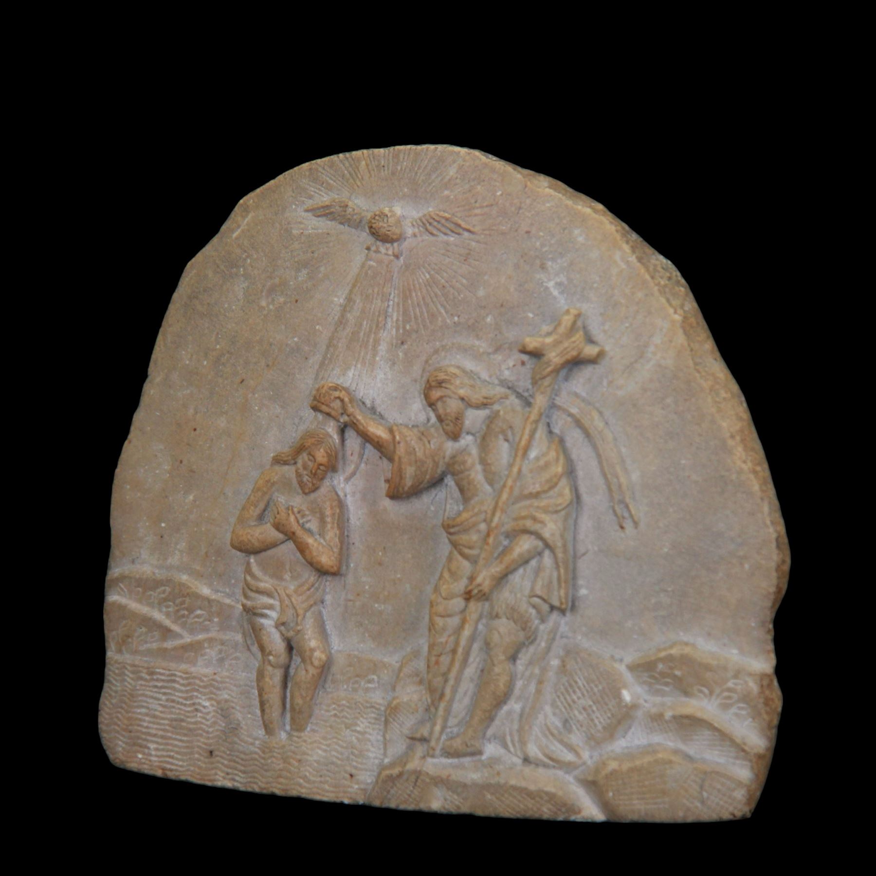 The Baptism of Christ, stone relief carving, reputedly by a Napoleonic Prisoner of War, H9cm