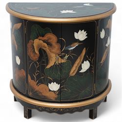 Chinoiserie design demi-lune cabinet, moulded top over two panelled doors, decorated with floral decoration and birds 