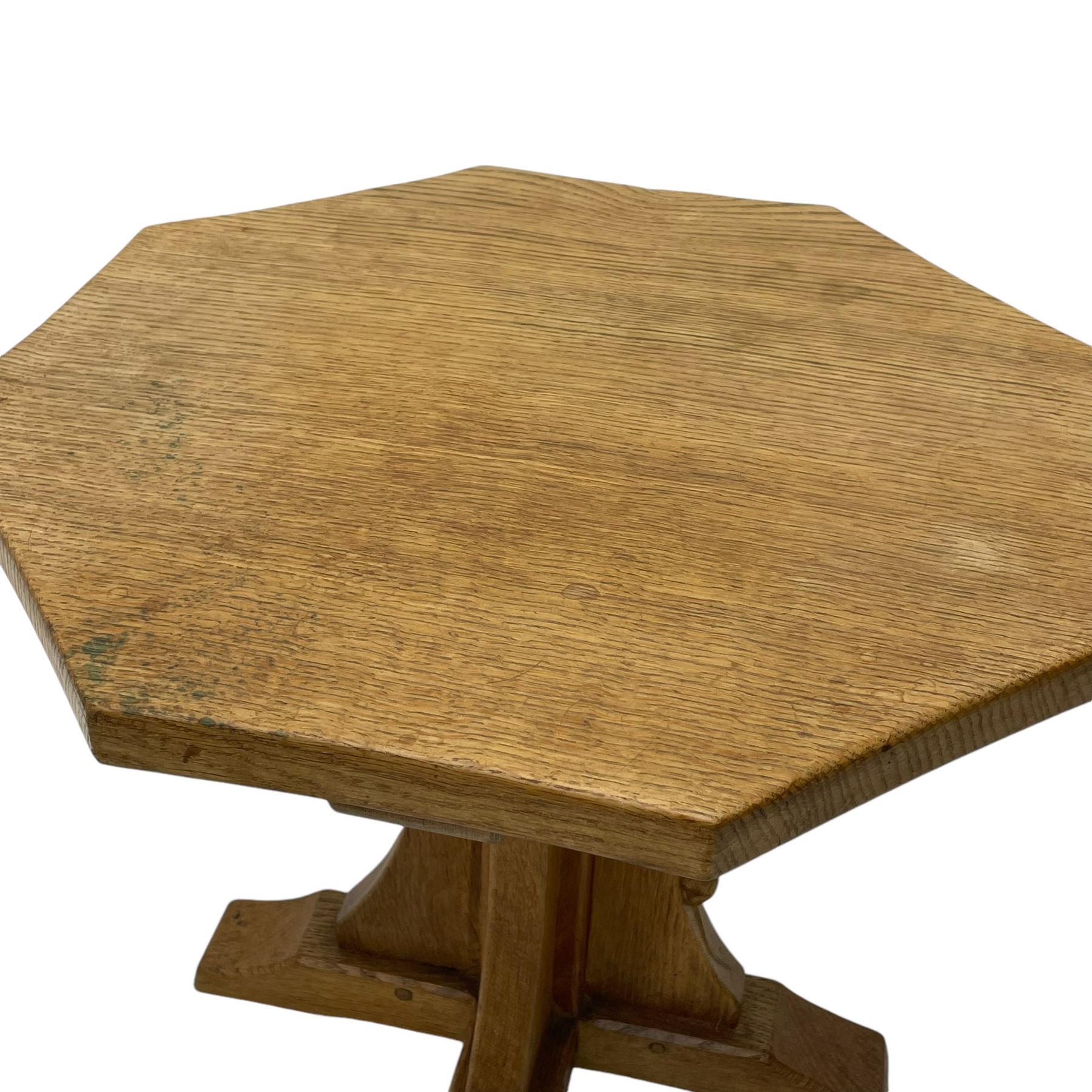 Mouseman - oak occasional table, octagonal adzed top, cruciform pedestal on sledge feet, carved with mouse signature, by the workshop of Robert Thompson, Kilburn 