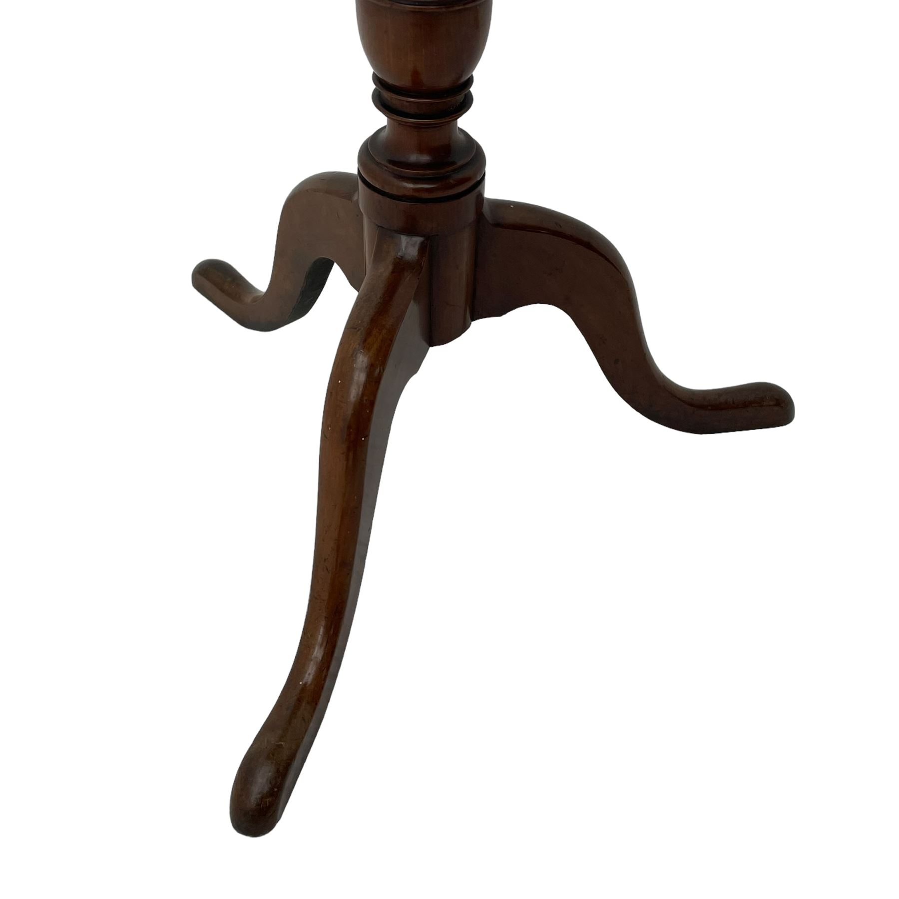 George III mahogany tripod table, circular moulded dished tilt-top, ring turned stem on three splayed supports 