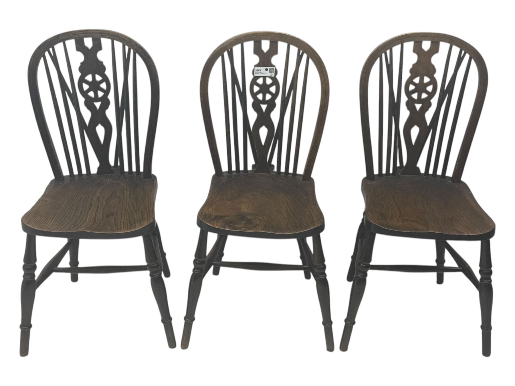 Set of six 19th century elm and ash dining chairs, hoop back with pierced wheel-shaped central splat, shaped saddle seat, raised on turned supports united by H-stretchers