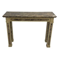 Rectangular console table, variegated marble top, on square supports with block feet 