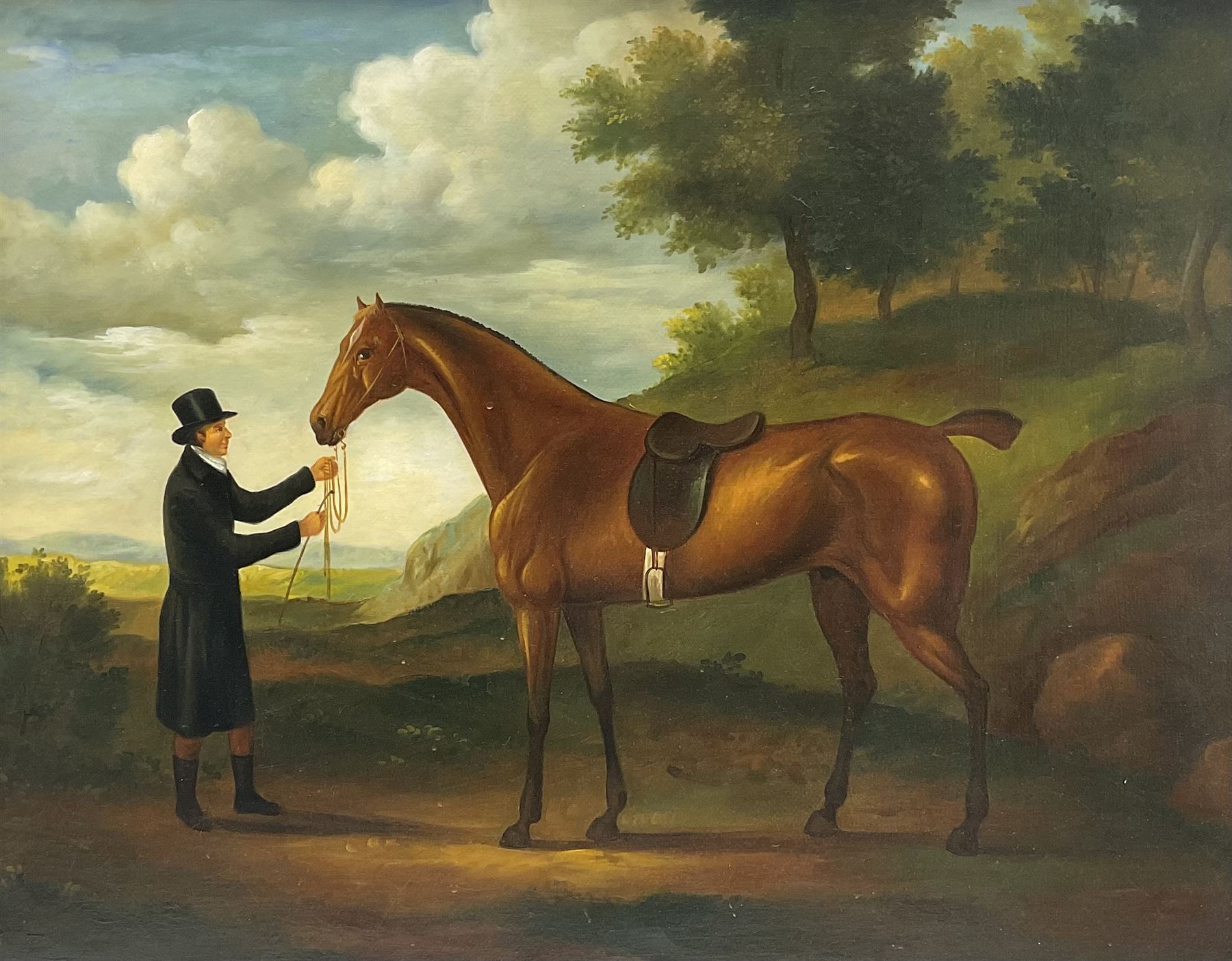 English Naive School (20th century): Portrait of a Horse and Groom, oil on canvas unsigned 40cm x 50cm