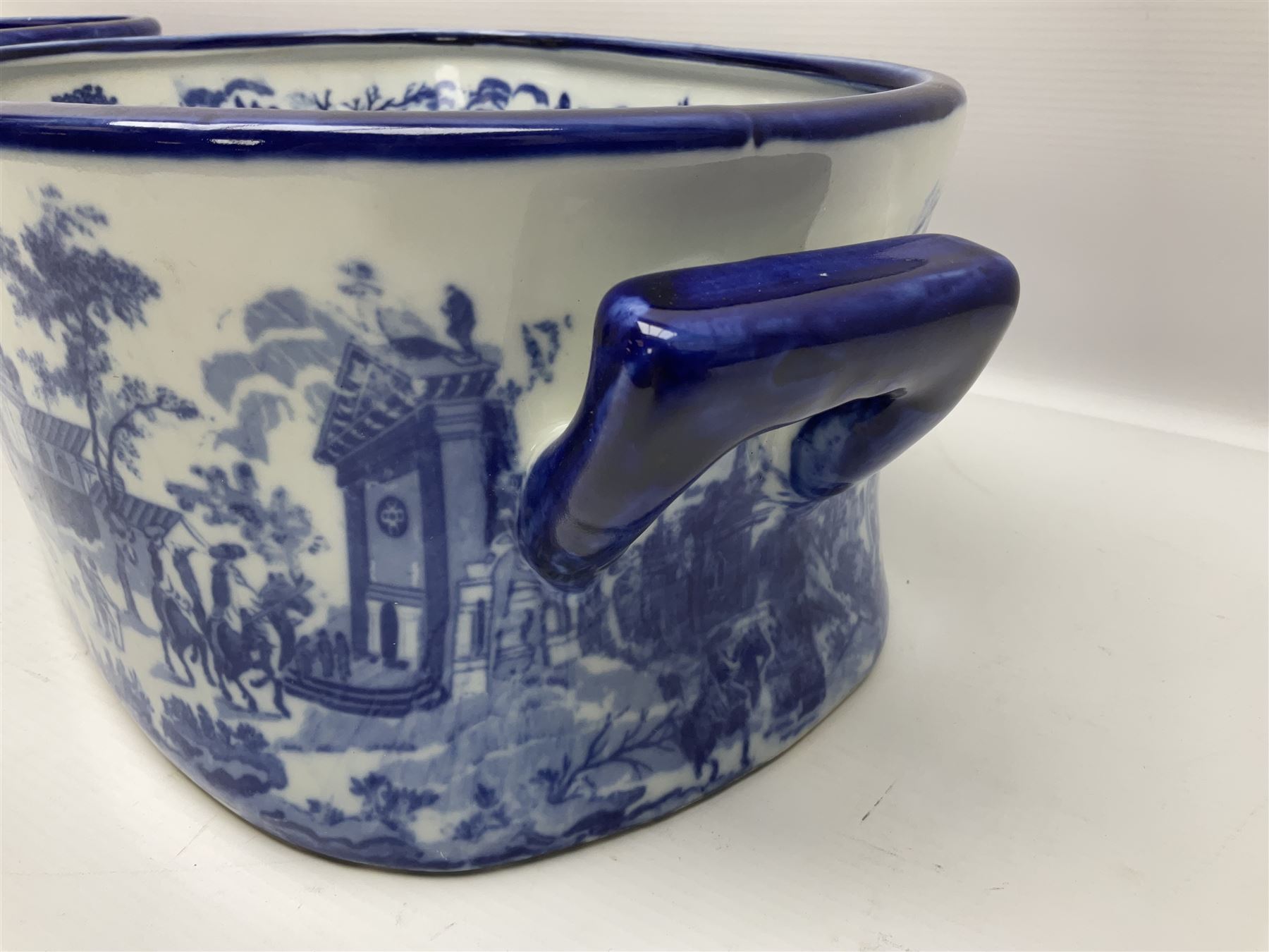 Pair of Victorian style, blue and white footbaths, H14cm, L37cm
