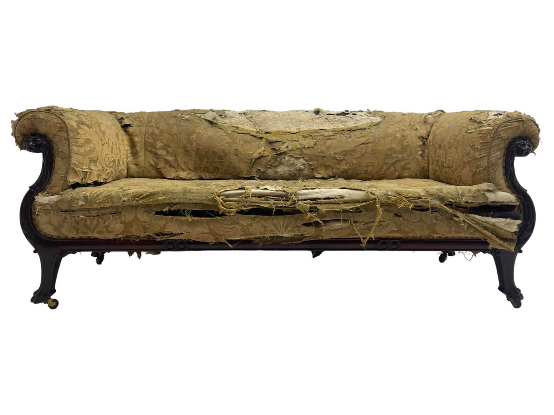 19th century mahogany settee, rolled S-scrolled arms carved with lion masks and acanthus leaf scrolls, the lower moulded rail carved with scrolling design, raised on carved paw feet with recessed brass and ceramic castors 