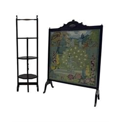 Victorian fire screen with a decorative floral and peacock needlework panel (H83cm, W57cm)...