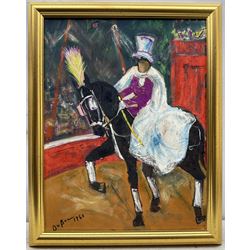 Roland Dubuc (French 1924-1998): Equestrian Circus Performer, mixed media on paper signed and dated 1960, 62cm x 47cm
Notes: Dubuc after having divorced, left for Le Havre where he met the painters Friboulet and Pailhes. He sold a few paintings at the HAMON gallery and lived from day to day doing a bit of everything to survive, including circus clown (which had been his father's profession)  
 
