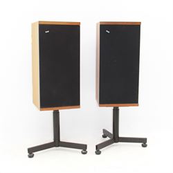 Pair of Bowers & Wilkins B&W speakers, model DM4, with teak finish upon metal stands, H90cm