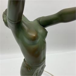 Art Deco patinated spelter table lamp, modelled as a young woman, upon a canted square alabaster plinth, H49.5cm