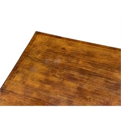 Square elm coffee table, square ovolo-moulded top with fruitwood band, turned supports united by undertier 