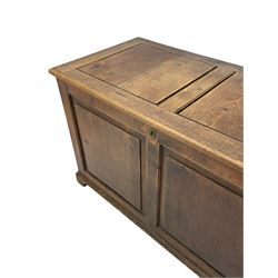 19th century pine blanket chest, double panelled hinged lid over panelled front and sides, on bracket feet