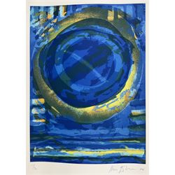 Kip Gresham (British 1951-2024): Abstract Blue and Yellow Circles, limited edition screenprint signed dated 1996 and numbered 15/20 in pencil, pub. Kip Gresham Editions 56cm x 41cm (unframed)