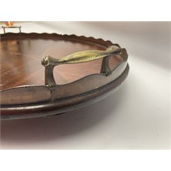 Early 20th century mahogany tray, of oval form with shaped rim and twin brass handles, with inlaid diamond decoration to centre, W67cm