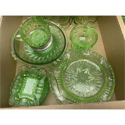 Art Deco green glass ware, including jugs, vases, bowls etc, together with a small blue Sylvac rabbit