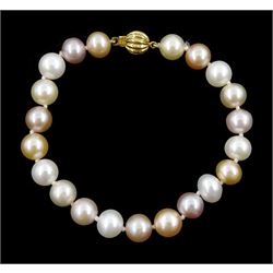 Single strand pink. peach, white pearl bracelet, with 18ct gold clasp, stamped 750