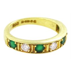 18ct gold round seven stone emerald and brilliant cut diamond half eternity ring, London 1977, total diamond weight approx 0.20 carat