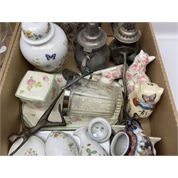 Four pieces of art glass, including twin handled basket bowl, etched glasses and matching decanter and a collection of other ceramics and glassware, in three boxes