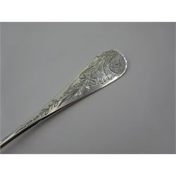 French silver aesthetic movement serving spoon, the scallop edged bowl engraved with a bird amongst flowers and foliage, stamped with Minerva's head standard and weevil export mark, L23cm