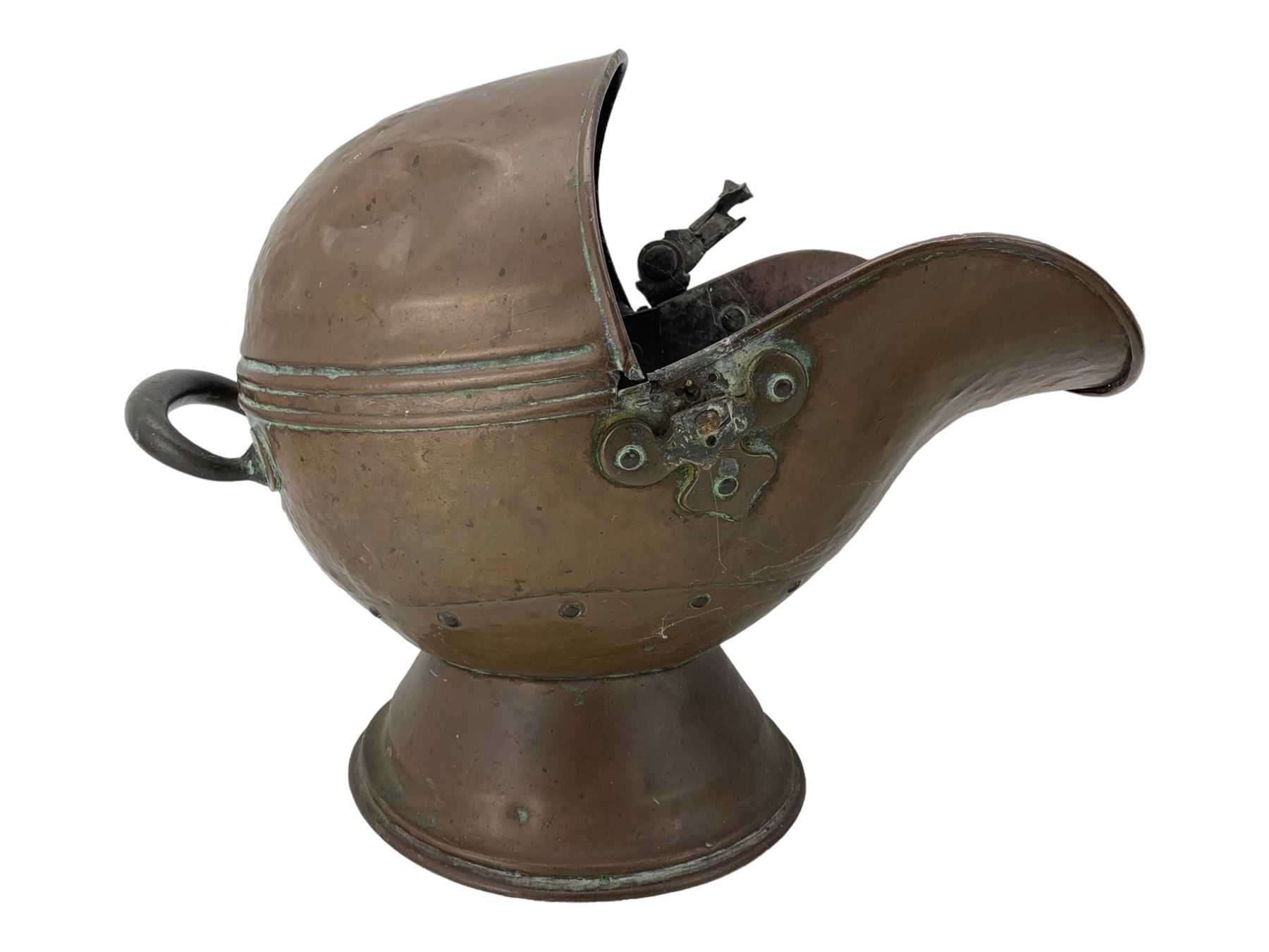 19th century copper coal scuttle, brass twin-handled planter, the bulbous body embossed with fruiting vines, H23cm (2)