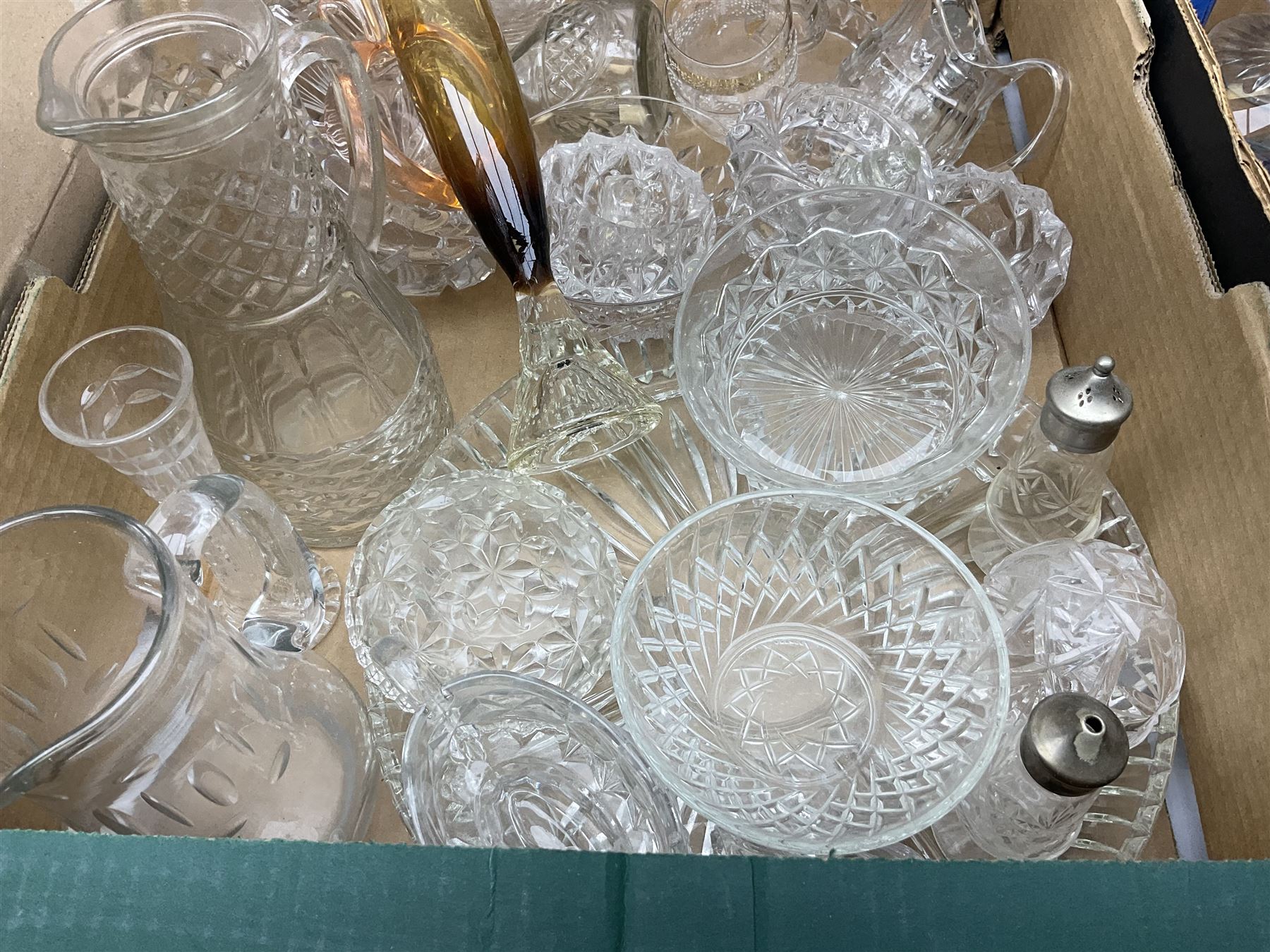 Large quantity of glassware to include art glass, decanters, jugs, vases, glass animals, bowls etc in four boxes