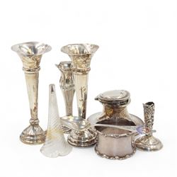 Group of silver to include two trumpet vases, inkwell, napkin ring, spoon, etc, all hallmarked