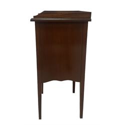 Edwardian inlaid mahogany pot cupboard, raised three-quarter gallery back, panelled door with fan inlay enclosing single shelf