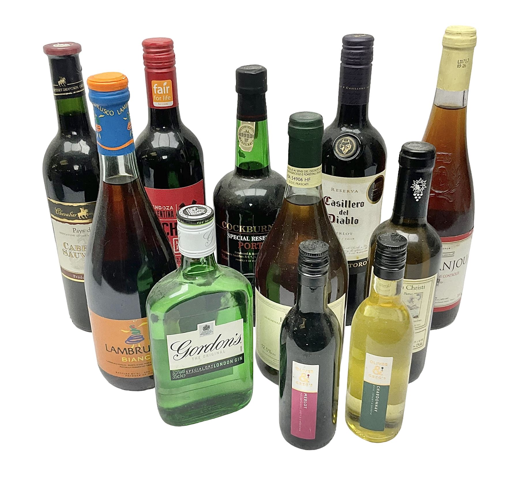 Mixed alcohol, including Cockburn's special reserve port, Casillero del Diablo Merlot, etc