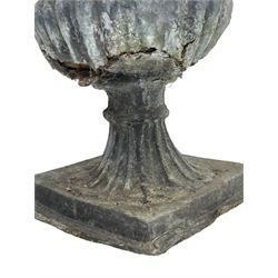 Pair of 19th century lead Campana shaped garden urns, egg and dart moulded rim, tapered fluted body over gadrooned underbelly, tapered and fluted foot on moulded square base 