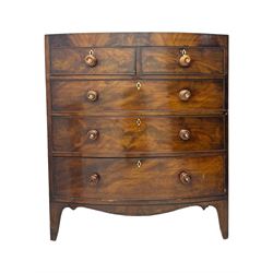 Early 19th century mahogany bow-front chest, fitted with two short over three long graduated cockbeaded drawers, each with turned wooden knobs and bone escutcheon, raised on splayed bracket supports