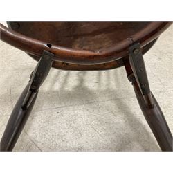 19th century yew wood and elm Windsor chair, low hoop stick back with pierced splat, dished seat raised on ring turned supports joined by crinoline stretcher