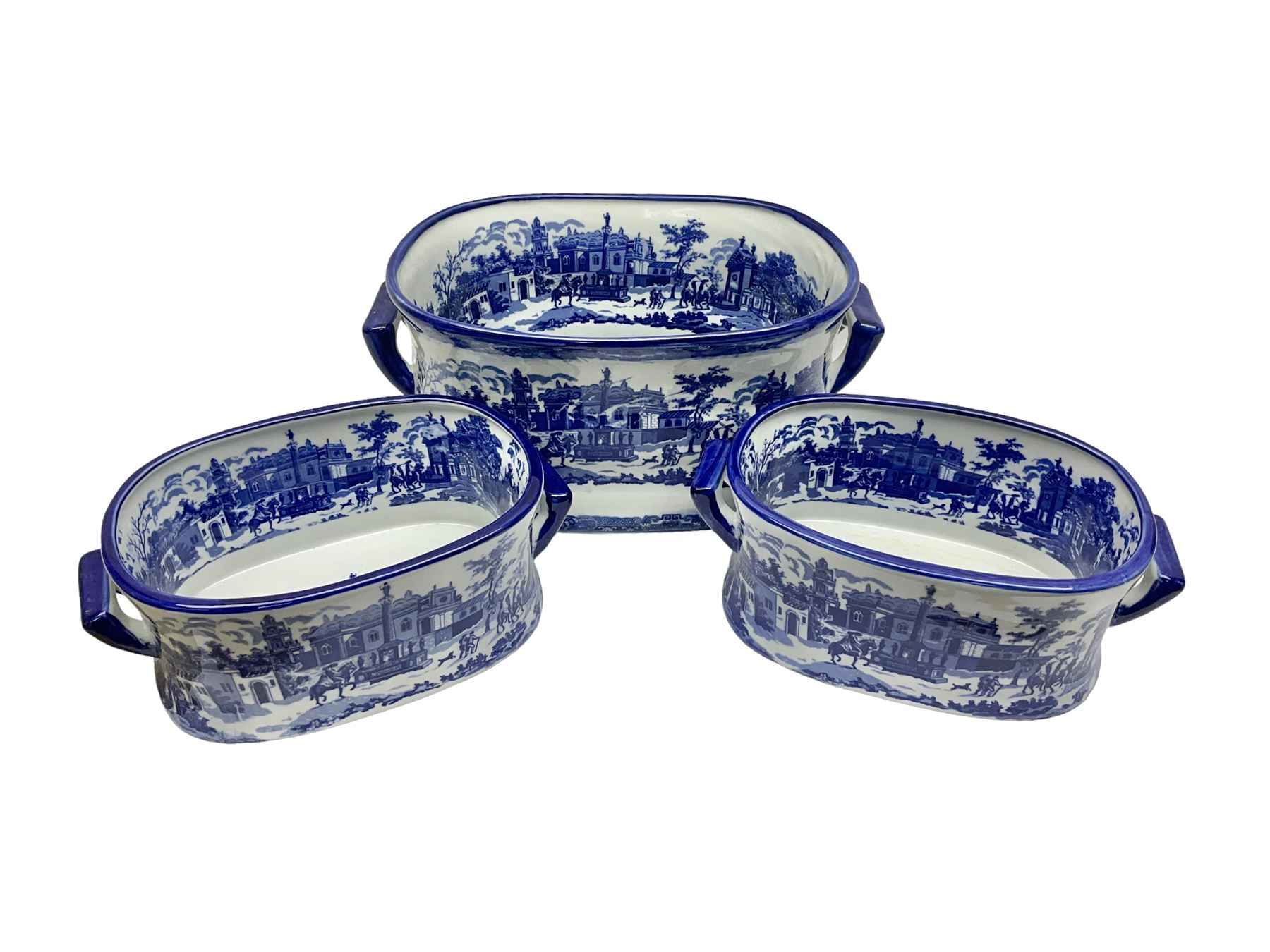 Three Victoria Ware blue and white footbaths, each with twin lug handles and transfer print decorated with city scape, largest H21cm