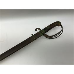 Early 20th century British Army officer's sword with 90cm plain slightly curving fullered steel blade and triple bar hilt; in steel scabbard L105.5cm overall