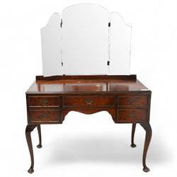 Mid-20th century figured walnut double wardrobe (W126cm, H189cm, D56cm); matching dressing table (W110cm, H153cm); with chair and stool