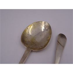 17th century silver trifid spoon, marks worn and indistinct, together with an Old English pattern silver spoon