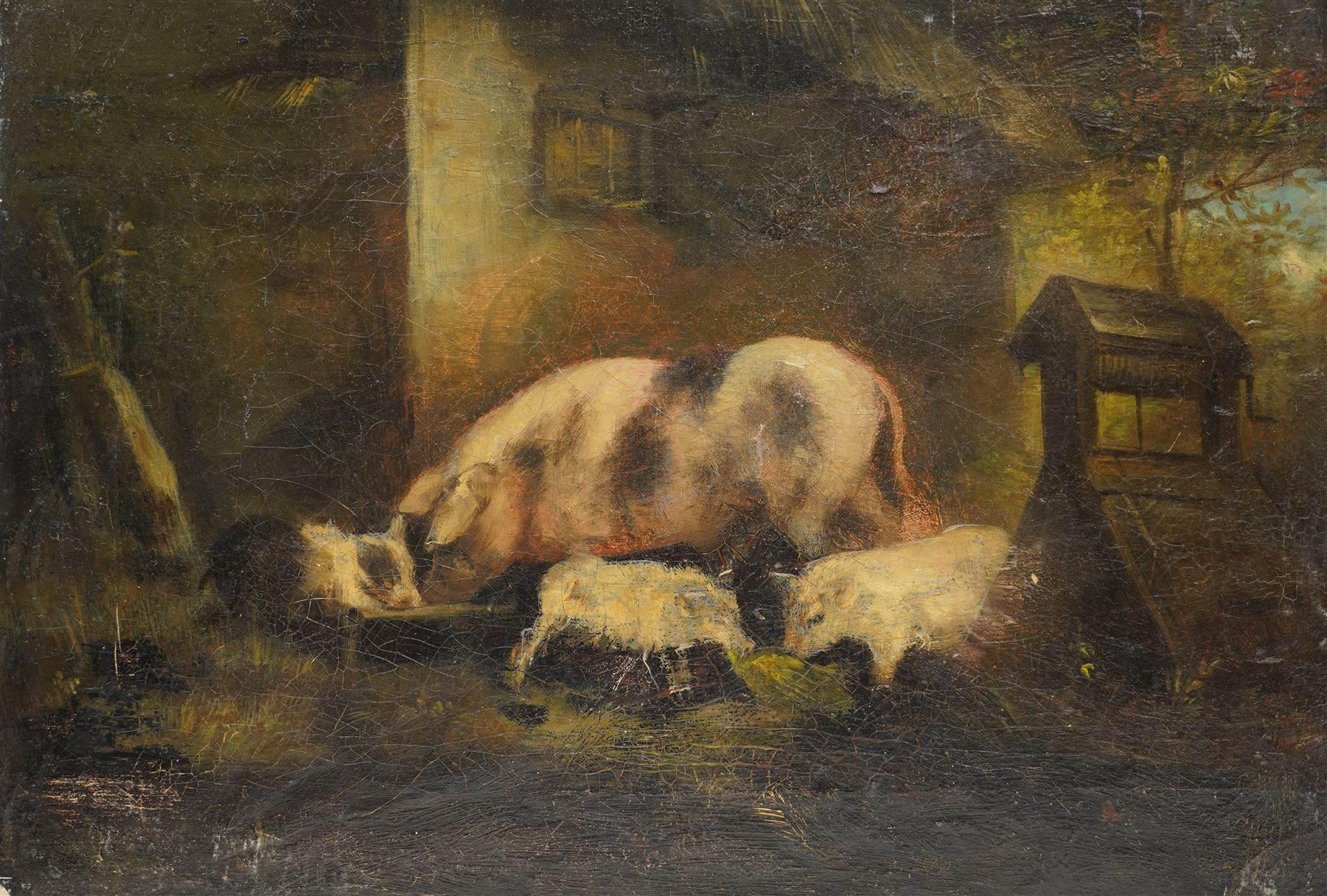 English Naive Primitive School (19th century): Pigs and Piglets outside a Sty, oil on canvas unsigned 35cm x 51cm (unframed)