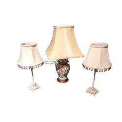 Pair of table lamps with cream beaded shades and a Rochamp Kutani table lamp